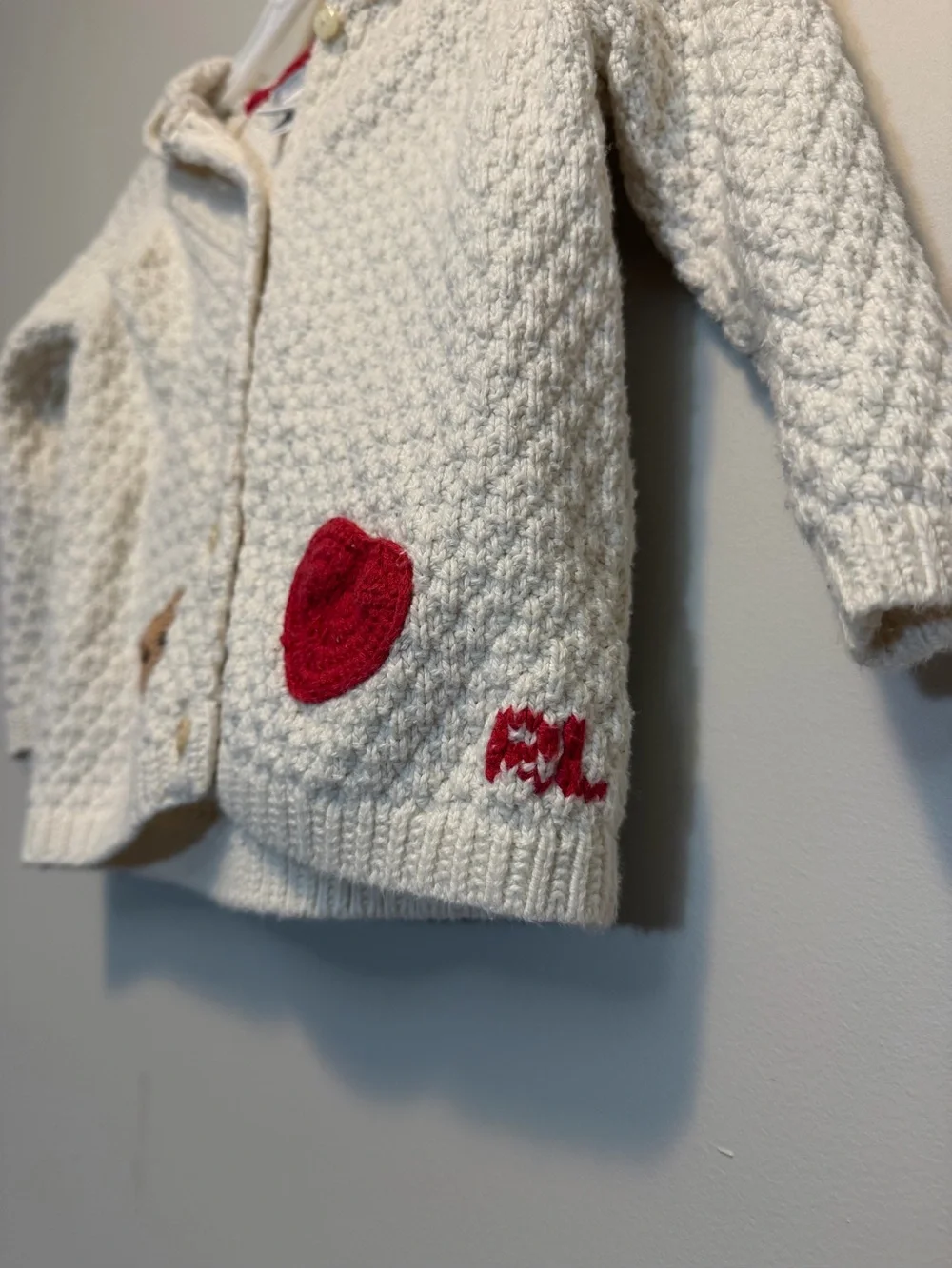 Ralph Lauren Cream Hooded Knit Cardigan with Red Heart & Bear Patch